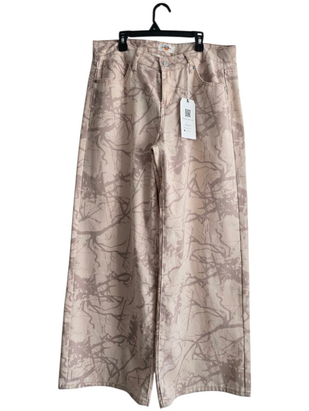 Cali 1850 Wide-Leg Printed Denim Jeans Neutral Abstract Tree Branch Camo Pattern